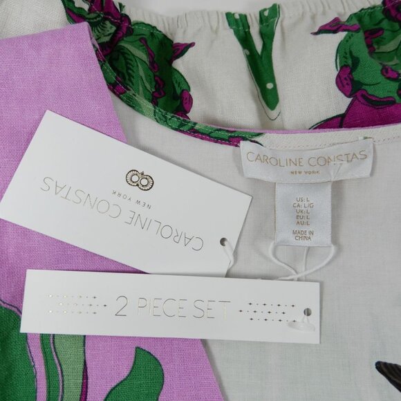 Caroline Constas Twist Front Crop Top & Midi Skirt SET L Linen Blend Floral NEW - Picture 5 of 14